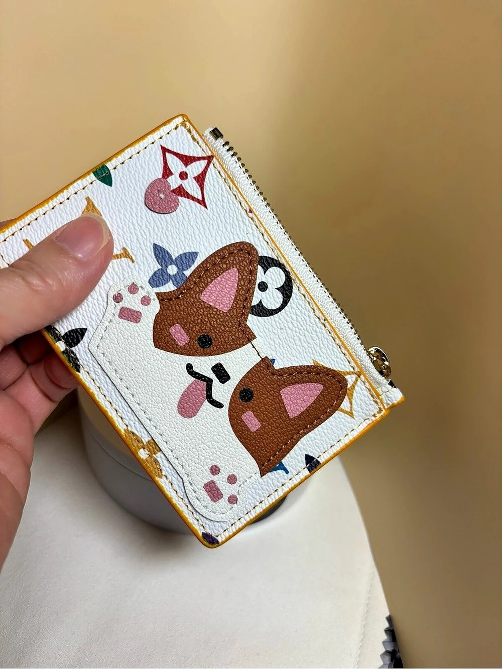 Printed Zip Wallet in White & Brown Like New